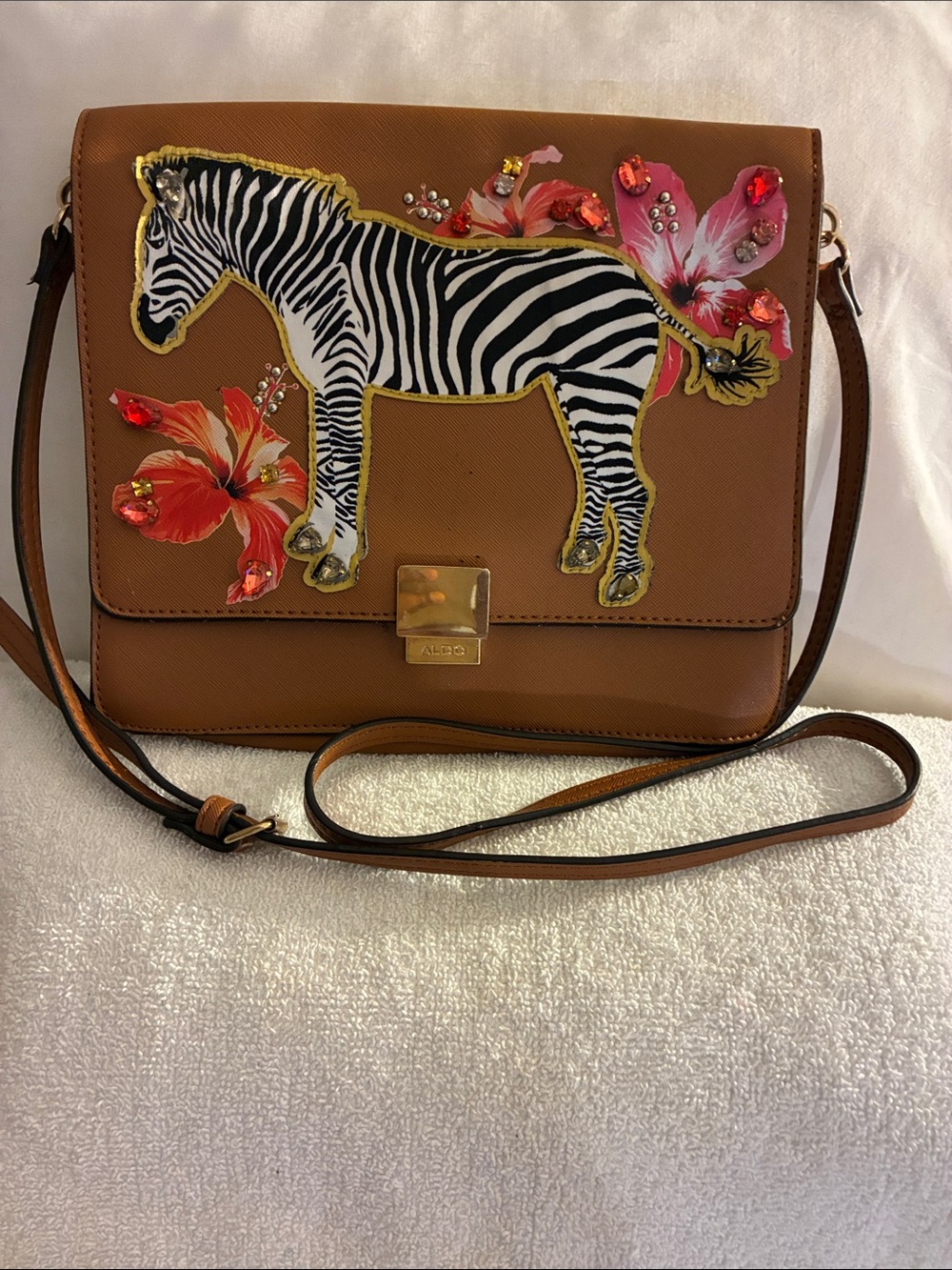 ALDO Tan Plumsprings Crossbody/Messenger Bag w/Zebra patch & rhinestones